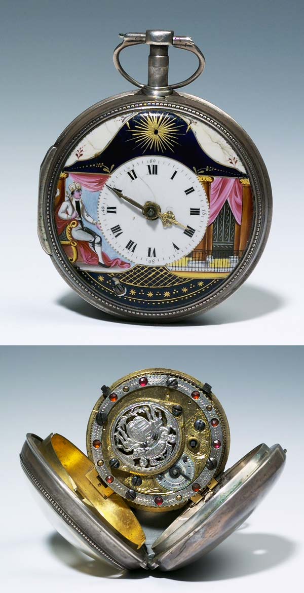 Spindeltaschenuhr mit Emailbild und Übe