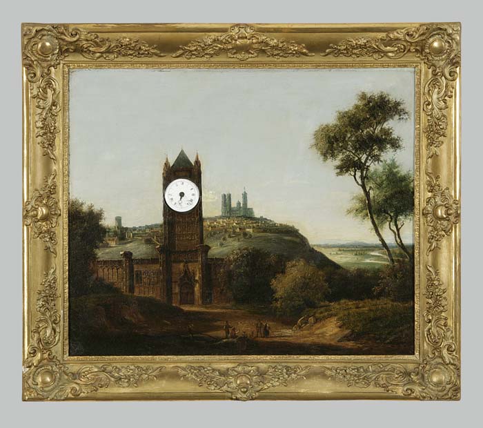 Bilderuhr mit Walzenspielwerk.